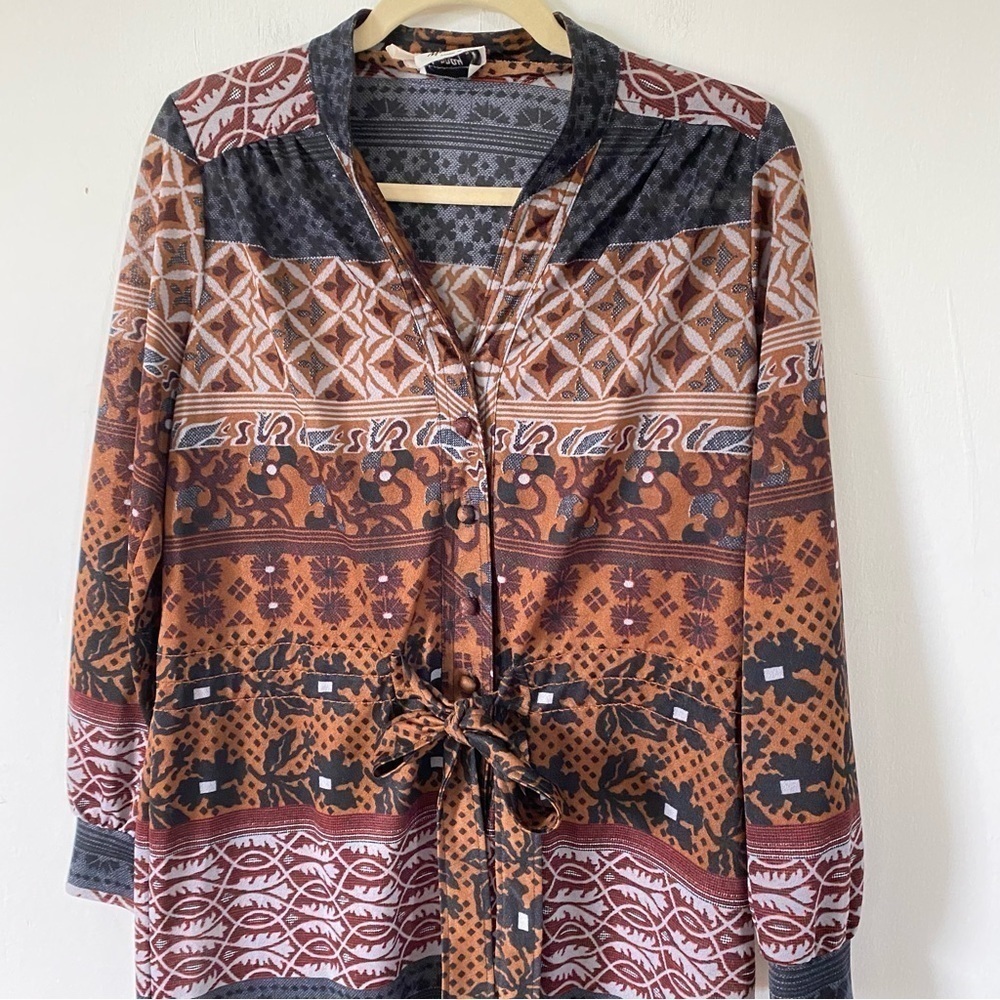 Vintage Geometric Floral Print Dress Brown Black Retro 60s 70s Womens Medium - Picture 2 of 9